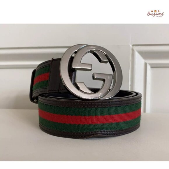 Authentic Gucci Web Green/Red Canvas Silver Interlocking G Buckle Belt 85/34 - Picture 12 of 12